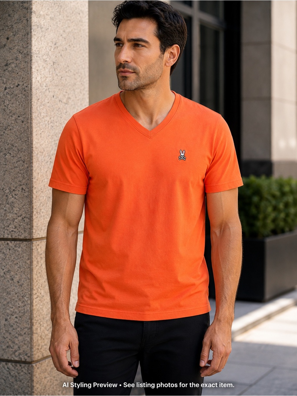 Psycho Bunny Men’s Large Orange Pima Cotton V-Neck Logo T-Shirt